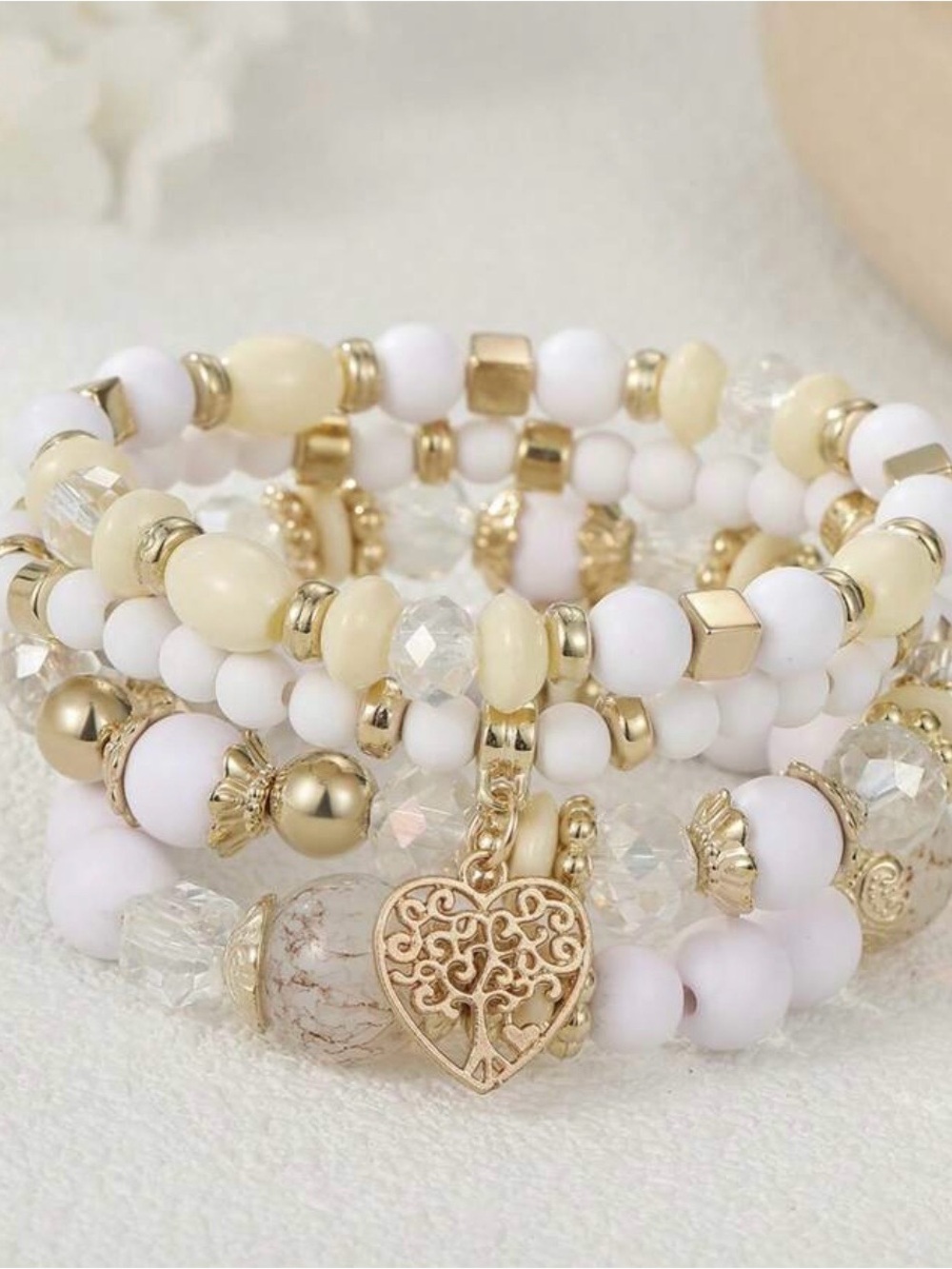 Gold and White Beaded Heart Charm Bracelet Set
